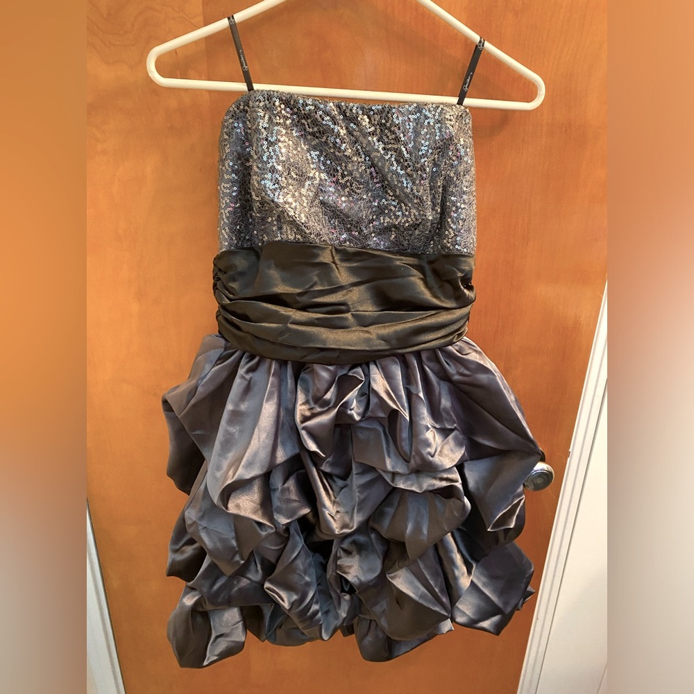 Gray & Black Strapless Sequin Dress with Ribbon Detail